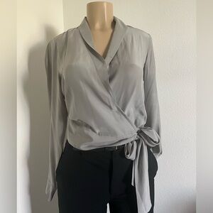 J Brand 100% Silk Wrap Blouse Gray Long Sleeve Size Small
